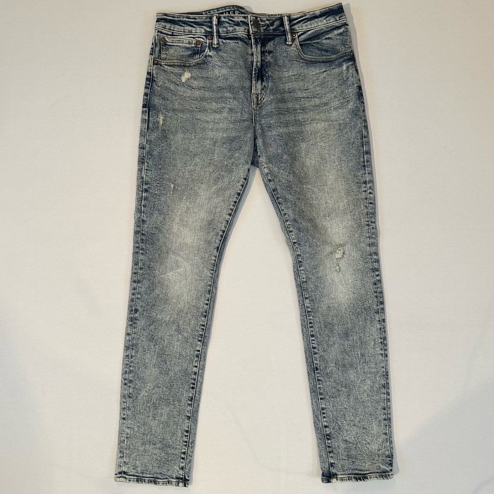 American Eagle Mens Flex Slim Taper Acid Wash Distressed Blue Jeans Size 34 X 30